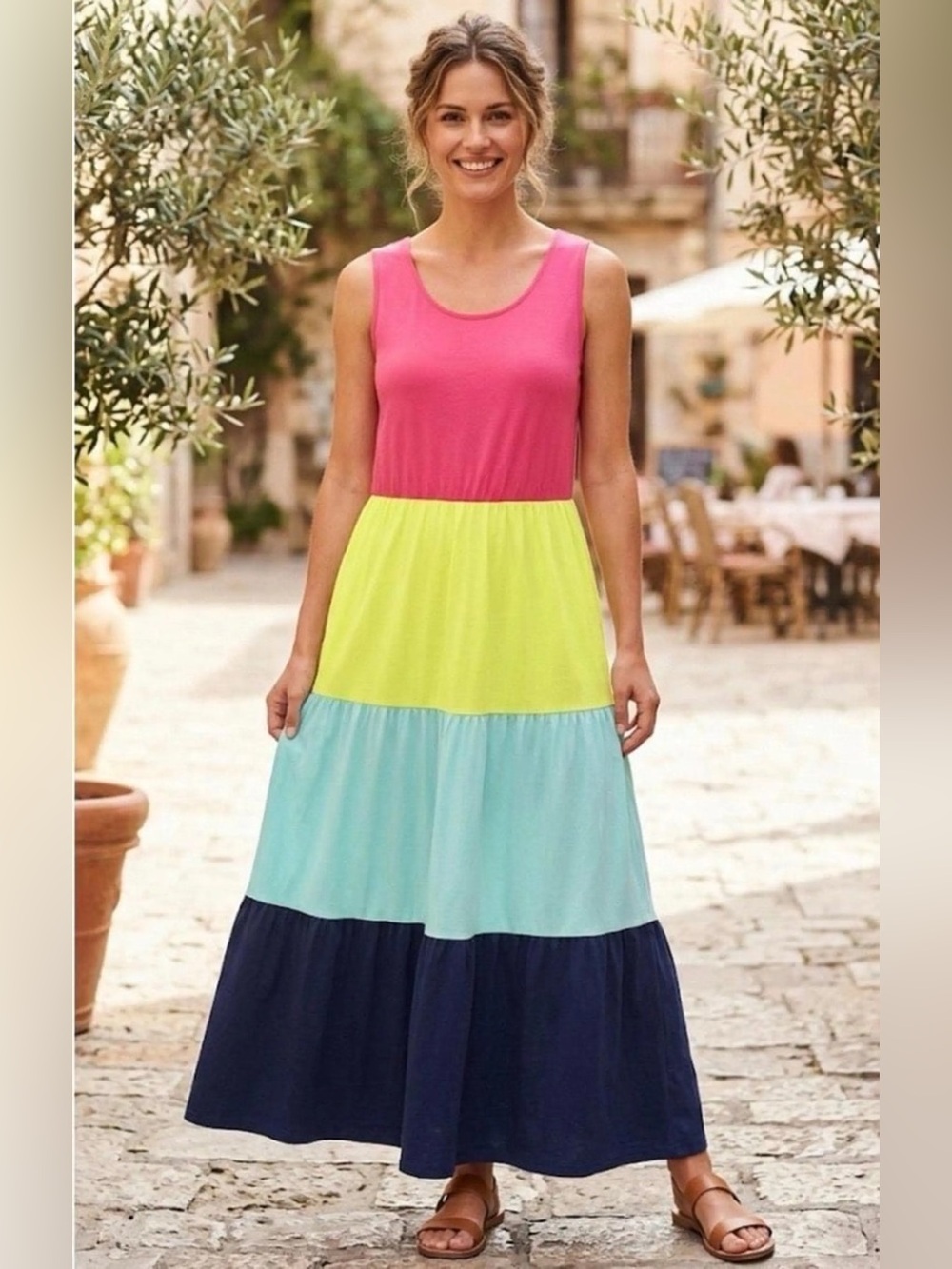 Lands End Pink Blue Colorblock Knit Maxi Tank Dress Tencel size 1X 18 sleeveless